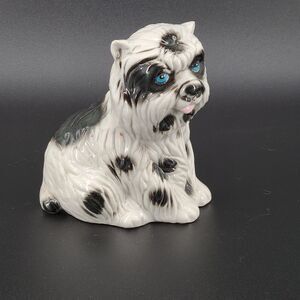 Vintage Ceramic Dog Figure White Black Blue Eyes Brazil